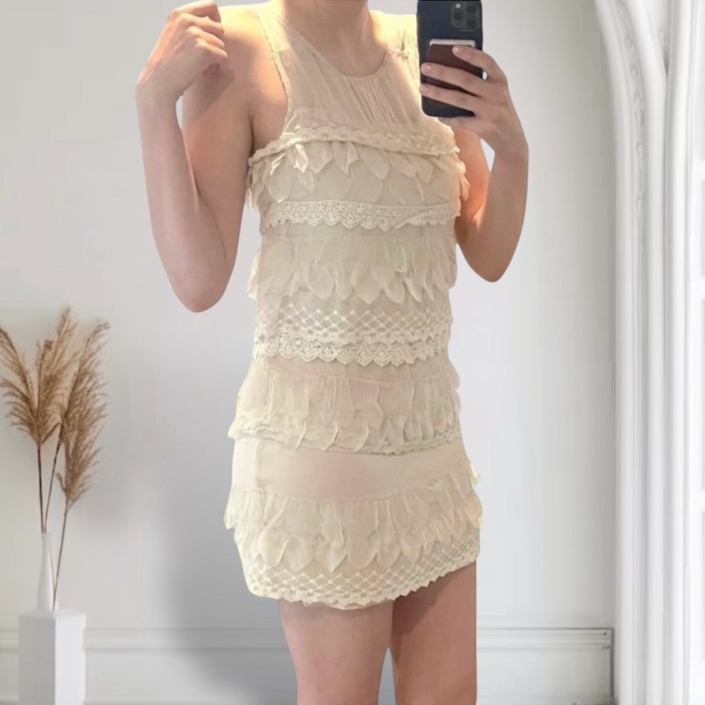RARE! Beautiful Off-White Floral Lace and Netting Semi-Sheer Mini-Dress - Size L